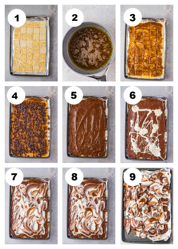 9-photo collage showing each step of how to make Cracker toffee.