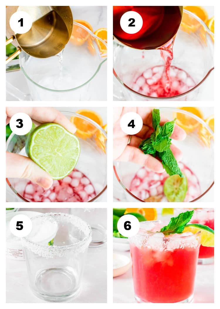 A photo collage showing 6 photos of each ingredient being added to the pitcher of margaritas and then showing the salted glass and a single glass with a margarita.