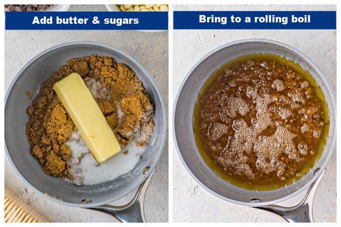 2-photo collage with the first photo on the left showing a sauce pan with a stick of butter sitting on top of brown and white sugar, and the right photo showing the mixture as it is boiling.
