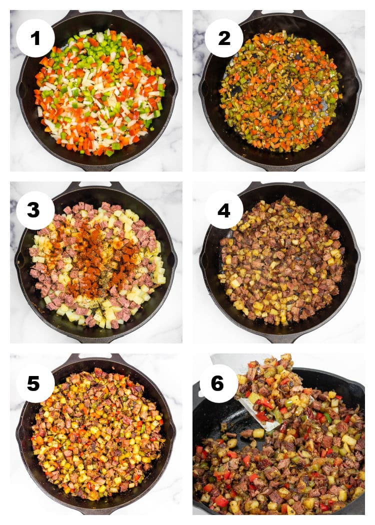 A 6-photo collage with each photo showing one step in the process of cooking corned beef hash in a cast iron skillet sitting on a white marble background.