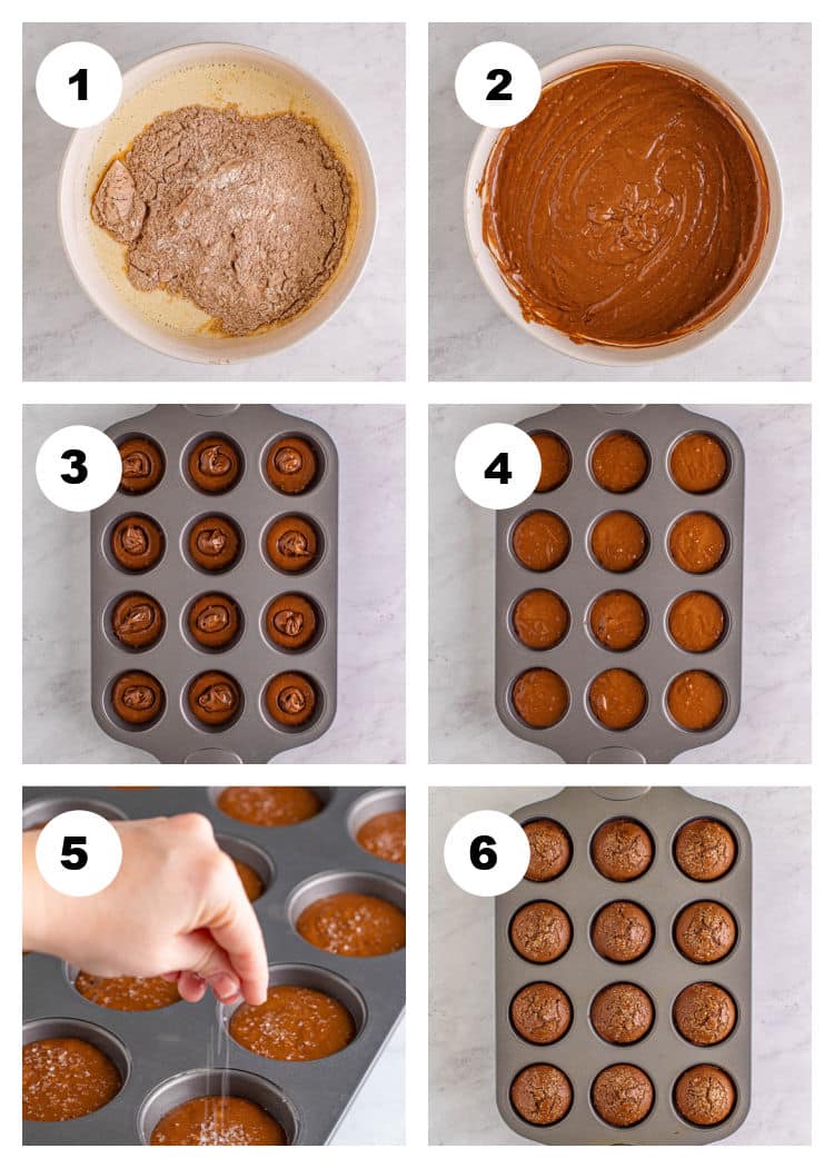 The 2nd photo collage 6 steps to mix the dry ingredients and then mixing the batter and scooping the batter into the muffin tins, filling with Nutella, and topping with sea salt, and showing the final baked product.