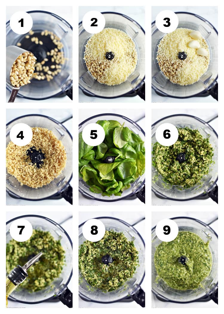 9-photo collage showing step by step how to make pesto.
