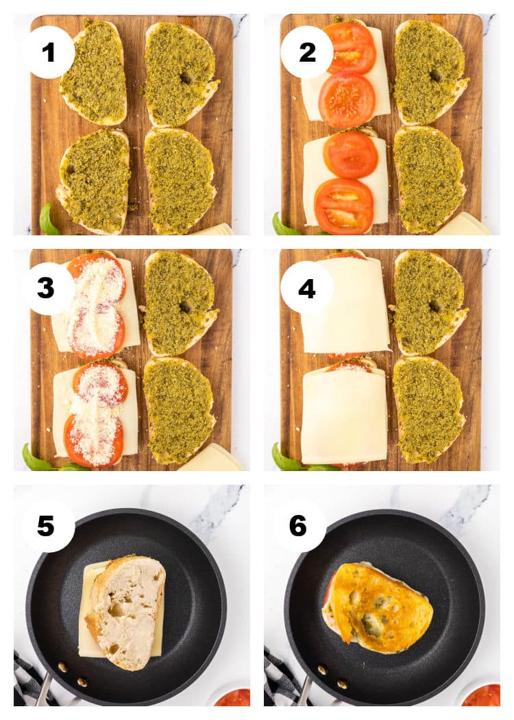6 photo collage showing 6 steps of how to make a Pesto Grilled Cheese Sandwich.
