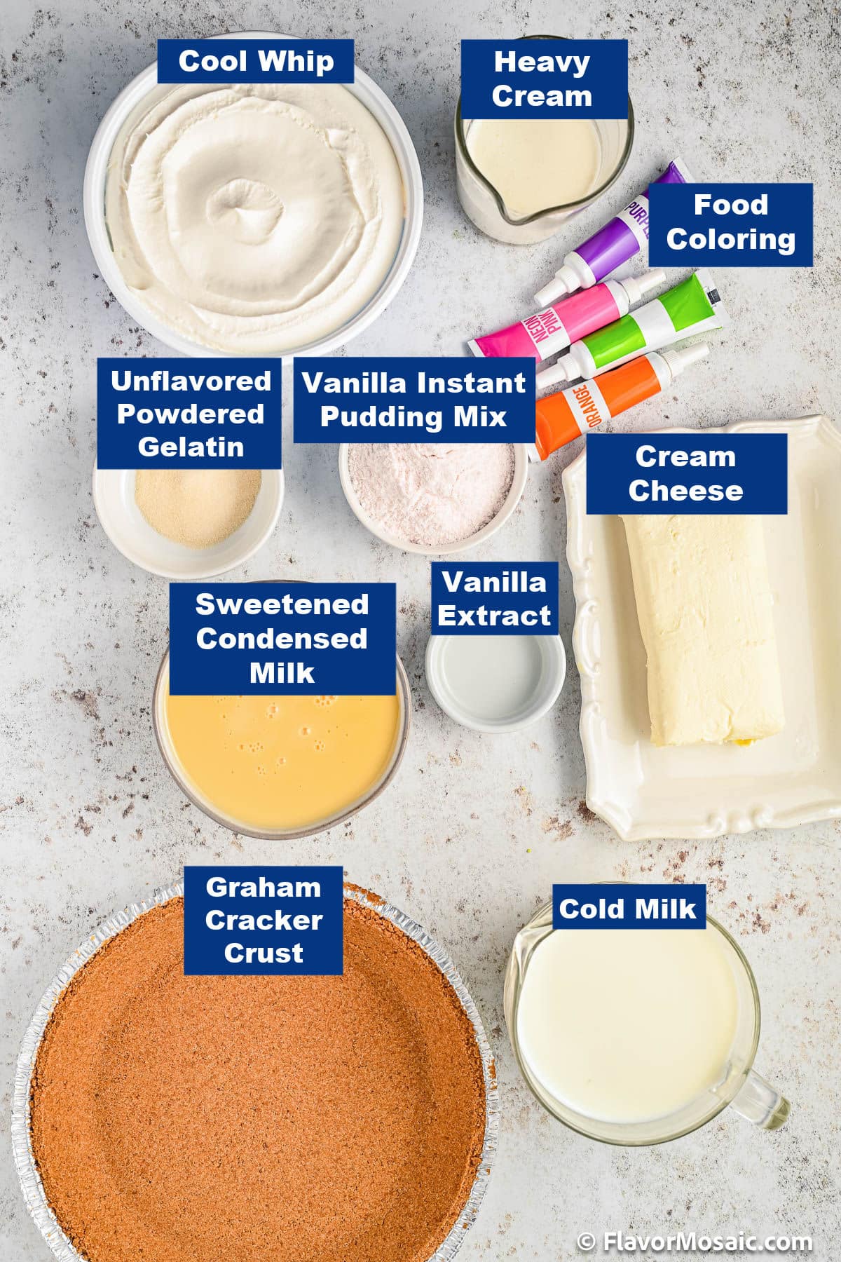Overhead view of individual containers, each one with one ingredient for rainbow no bake cream cheese pie, and labeled with a navy blue label with the title of each ingredient in white bold text.