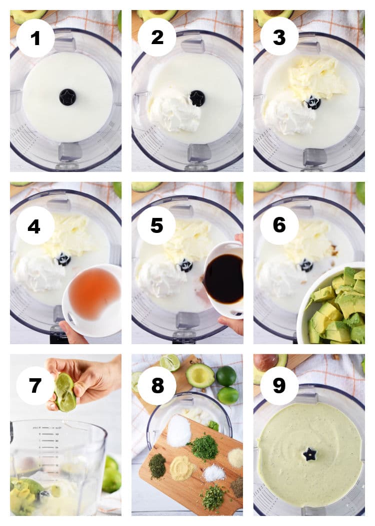9-photo collage showing how to make Avocado Ranch Dressing. Each photo shows an ingredient being added into the food processor. The last photo (photo 9) shows the dressing after it has been blended.