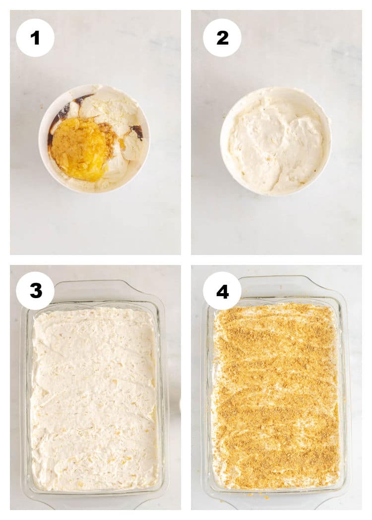 4-photo collage showing steps to make the pineapple whipped cream topping.