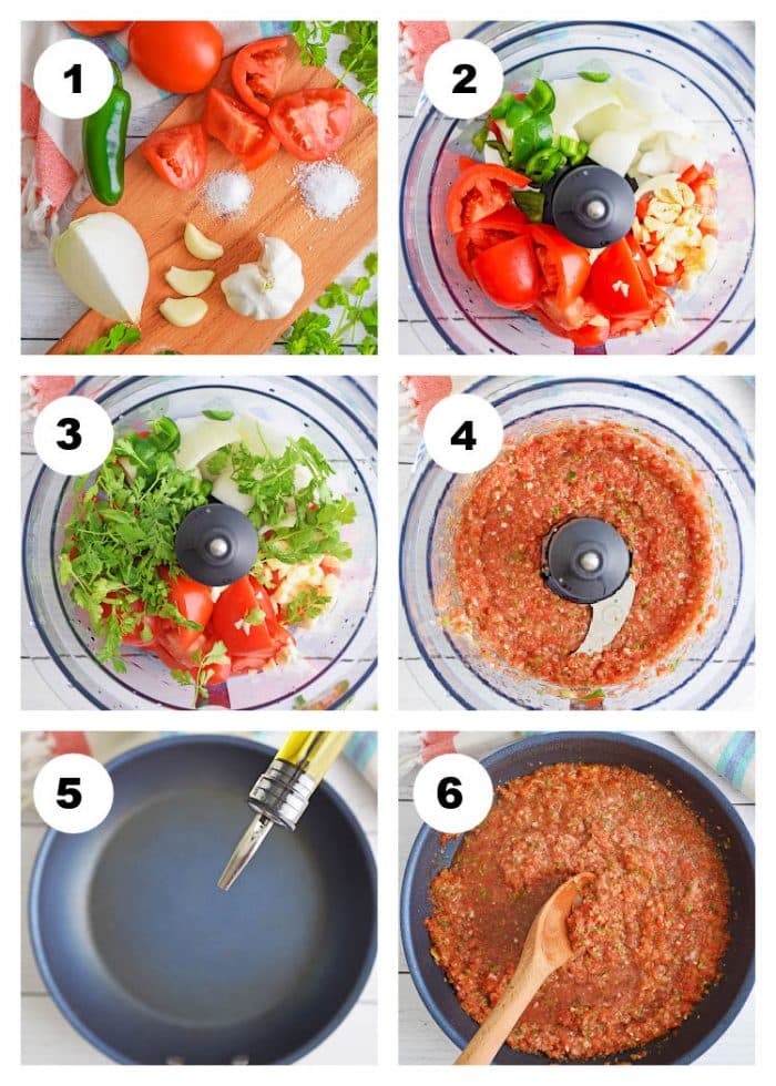 6-photo collage of how to make restaurant style salsa AKA salsa roja with each photo showing a step in the process.