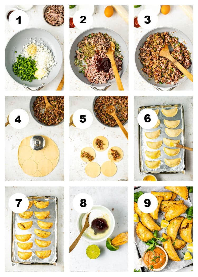 9-photo collage showing Step by step instructions of how to make brisket empanadas with creamy bbq sauce.