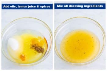 2-photo showing a glass bowl with individual ingredients on the left, and in the photo on the right, it shows all ingredients mixed together for the dressing.