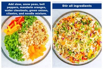 2-photo view of making Ramen Noodle Salad. The left photo shows the individual ingredients in the bowl, and the right photo shows all the ingredients mixed together.