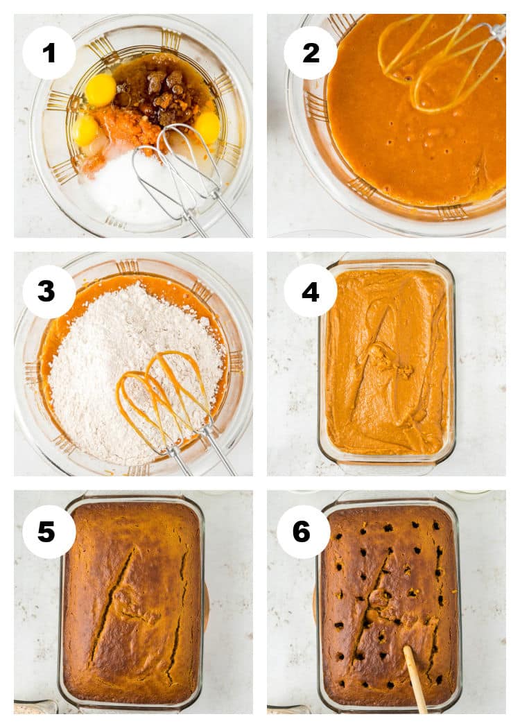 6-photo collage with each photo showing a step for how to make the pumpkin cake for the Pumpkin Tres Leches Cake.