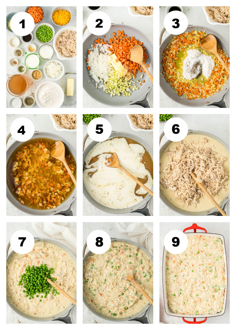 9-photo collage showing each step of how to make the creamed chicken filling for a creamed chicken and biscuit casserole recipe.