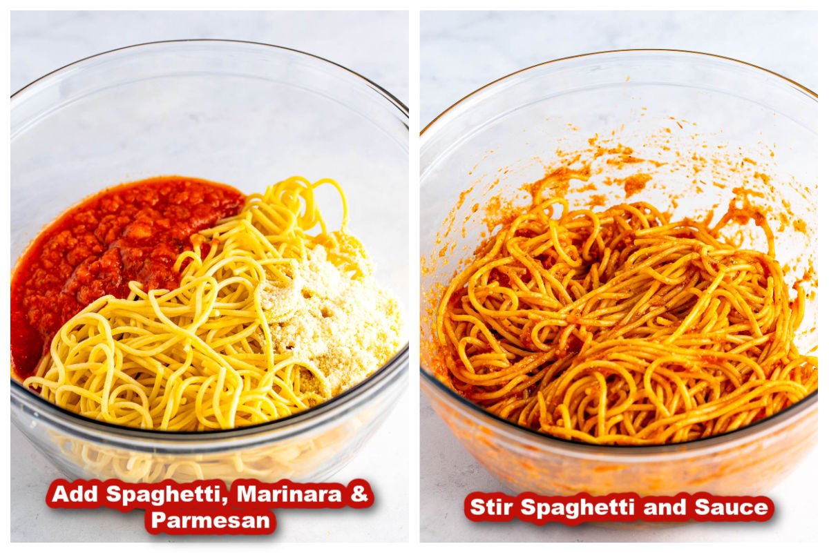 A 2-photo collage with the left photo showing the spaghetti, marinara sauce, and parmesan cheese in a bowl. In the photo on the right, the ingredients have been mixed together.