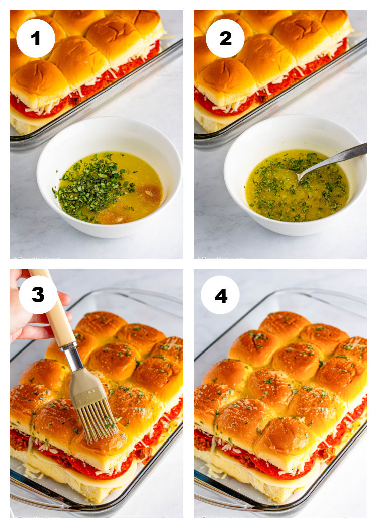 4-photo collage showing the 4 steps in how to make the garlic butter sauce and how to brush it on the slider rolls.