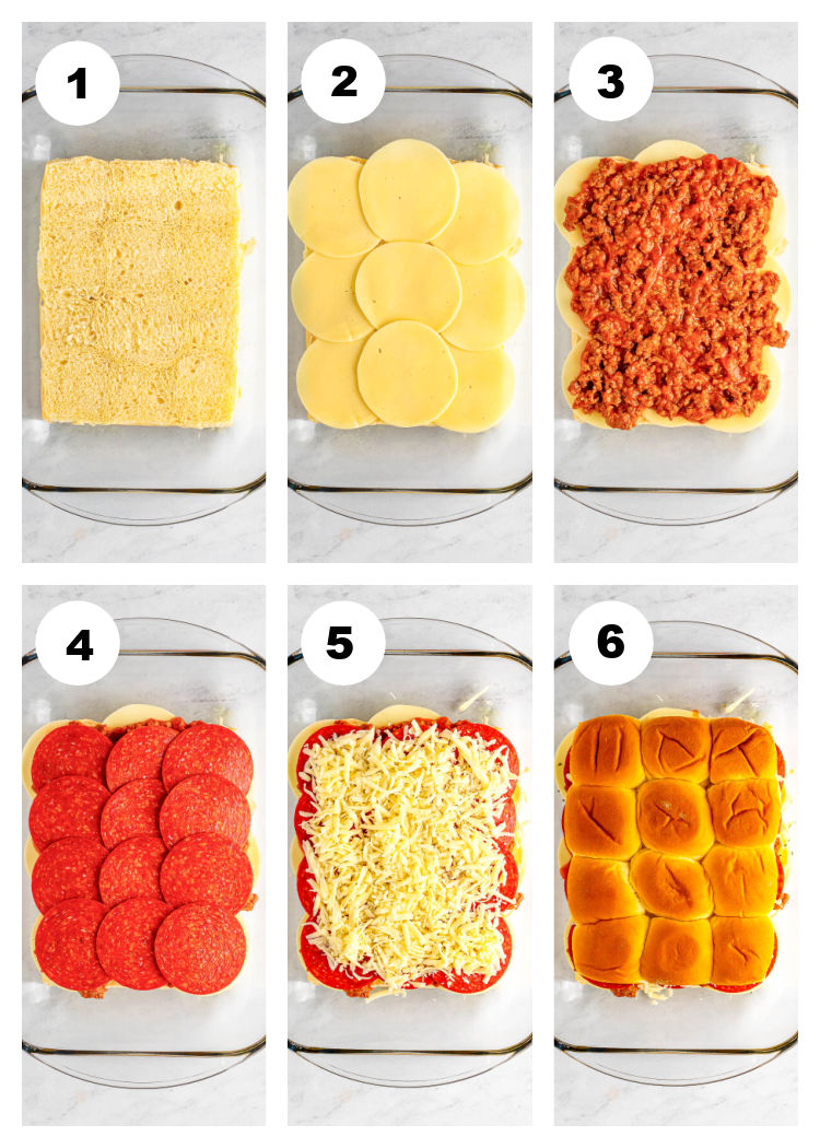 A 6-photo collage showing each step in how to assemble pizza sliders.