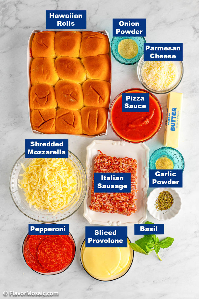Overhead view of ingredients for pizza sliders with navy blue labels with white text.